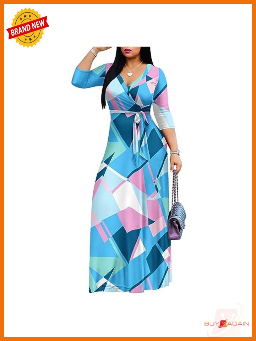 Women's Maxi Dress 3/4 Sleeve V Neck Wrap Waist Pockets Casual Summer